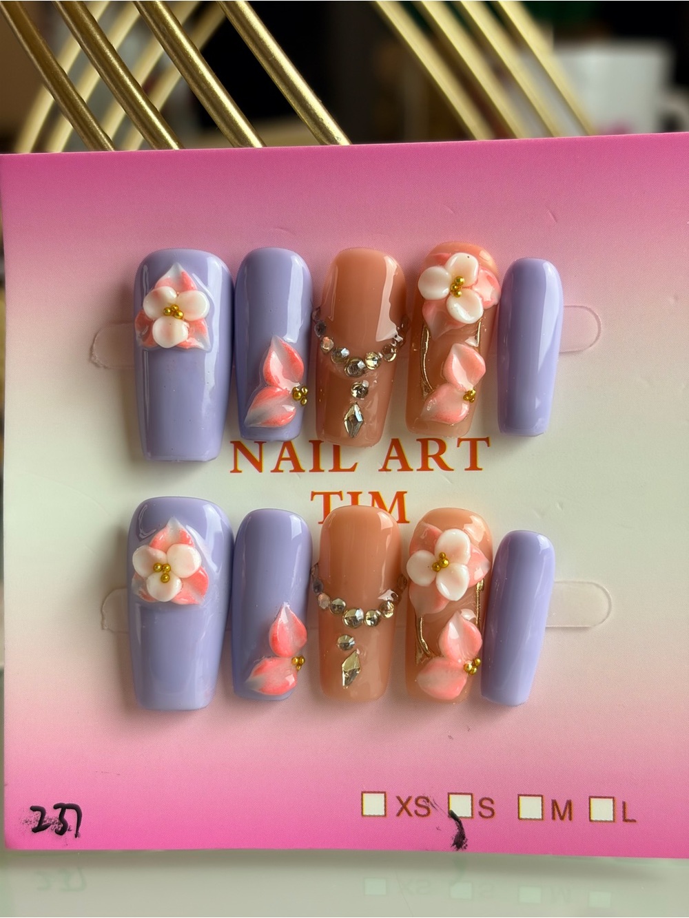 Lavender & Peach Floral Press-On Nail Set with Rhinestones-Small